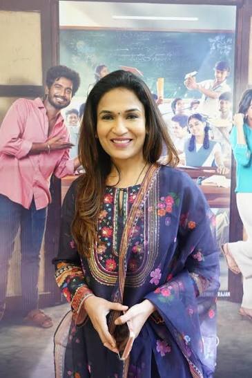 Soundarya Rajinikanth in a navy floral kurta at a recent film event in Chennai